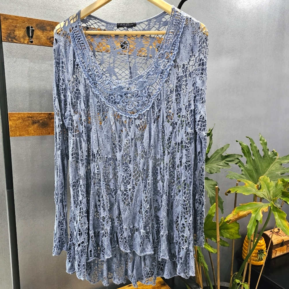 Bella Amore Italy Blue Crochet Mesh Long Sleeve Boho Top Tunic Beach Cover